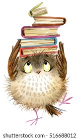 cute cartoon owl. watercolor forest bird. school books illustration. Back to school.  