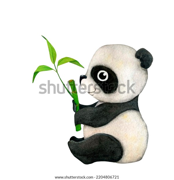 Cute Cartoon Panda Bamboo Branch Watercolor Stock Illustration ...