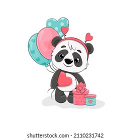 Cute cartoon panda with gifts, balloons and heart on white background.