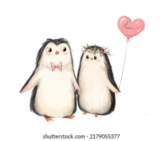 Cute cartoon penguin family with lovely adorable couple wearing bow and floral flower rose wreath. Childish illustration fabric clipart isolated on white background with flying baloons label love - Powered by Shutterstock