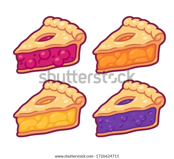 Cute cartoon pie slices\
set. Cherry, blueberry, apple and peach pie drawing. Hand drawn\
slice of traditional American baked dessert. Isolated clip art\
illustration.