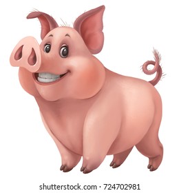 Cute Cartoon Pig, Smiling. Digital Painting, Illustration.