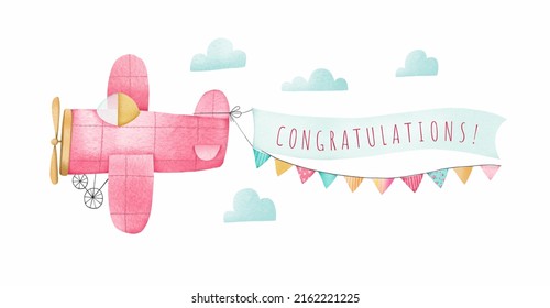 Cute cartoon pink airplane in the sky with a banner. The inscription "Congratulations!". White background. Stock illustration.