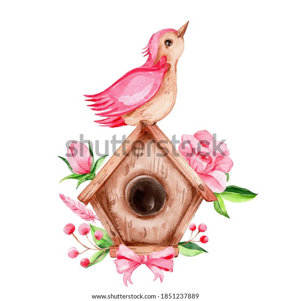 花を持つ鳥小屋に座っているかわいいマンガのピンクの鳥 水彩手描きのイラスト 白い背景に のイラスト素材