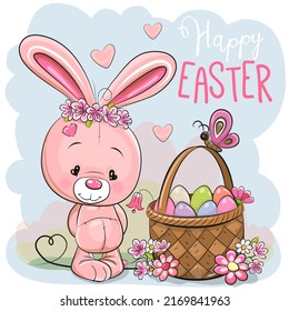 Cute Cartoon Pink Bunny With A Basket Of Easter Eggs