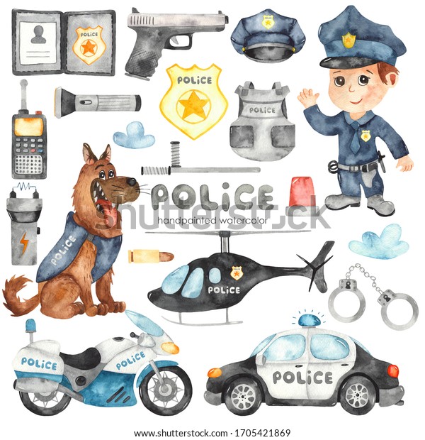 Cute\
cartoon Police helicopter, car, motorcycle, police officer and\
police equipment. Watercolor hand painted\
clipart