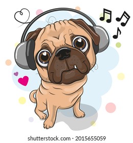 Cute cartoon Pug Dog with headphones on a white background - Powered by Shutterstock