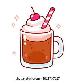 Cute Cartoon Root Beer Float Illustration. Mug Of Root Beer With Ice Cream, Whipped Cream, Cherry On Top And Drinking Straw. Simple Doodle Drawing.