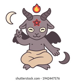 Cute Cartoon Satan Drawing, Goat Headed Devil With Pentagram, Fire And Crescent Moons. Beelzebub Or Baphomet, Satanic Symbol Illustration.