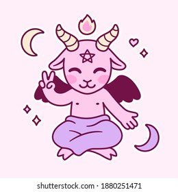 Cute Cartoon Satan Drawing, Kawaii Pink Devil With Pentagram, Fire And Crescent Moons. Little Baphomet, Satanic Symbol Illustration.