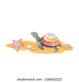 A cute cartoon sea turtle crawled out onto the sandy shore of the beach and lies surrounded by shells and a starfish. Digital illustration in the style of colored pencils and watercolor