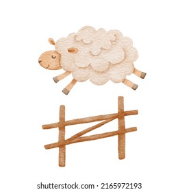 Cute Cartoon Sheep Jumping Over Fence. Counting Sheep To Fall Asleep. Good Night Sleep Metaphor Poster. Waterolor Illustration Isolated On White.