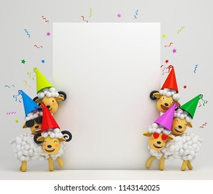 Cute cartoon sheep smile wearing colorful party hat. Design creative concept of islamic celebration eid al adha or happy birthday. Copy space text. 3d rendering illustration. - Powered by Shutterstock