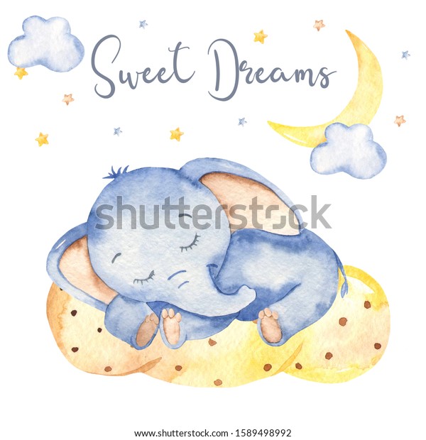 黄色い雲の上に眠っている可愛い漫画の赤ちゃんゾウ 三日月型の水彩カード 雲 星 のイラスト素材