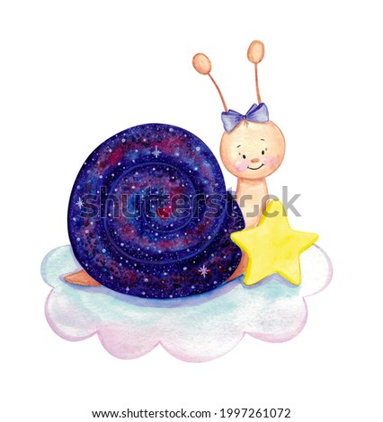 Cute cartoon snail with cosmic shell. watercolor illustration isolated on white background. Good for holiday card, fabric print, decoration, etc