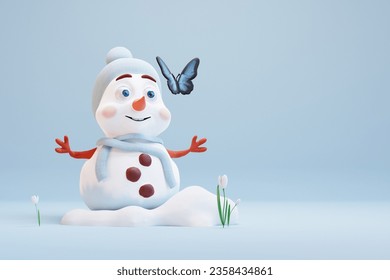 Cute cartoon snowman looking on butterfly. Waiting for spring beginning. 3d render - Powered by Shutterstock