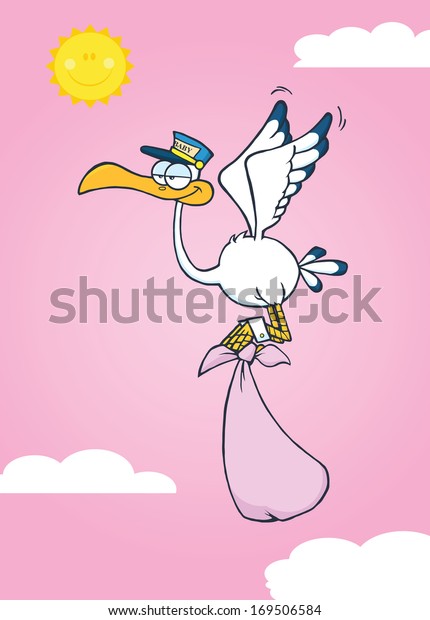 Cute Cartoon Stork Delivery Baby Girl Stock Illustration 169506584 ...