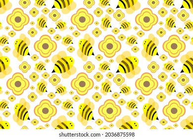 Cute cartoon style wallpaper, yellow bee flying among yellow flowers on a white background, for printing cute fashion fabrics and printed products such as gift wrapping paper.