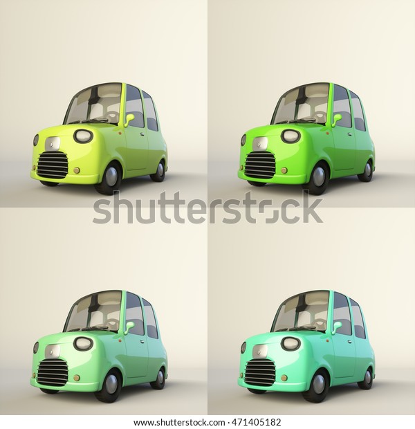 Cute cartoon stylized car in\
four color versions isolated on a white background. 3d rendering\
illustration set of lime, green, celadon and mint vehicles. Low\
view