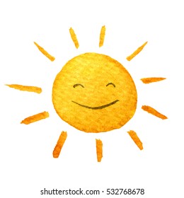 Cute cartoon sun. Hand drawn watercolor illustration Cute smiling sun. Water-color painted illustration. Isolated on white background