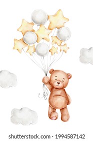 Cute cartoon teddy bear with balloons; watercolor hand drawn illustration; can be used for kid posters or baby shower; with white isolated background