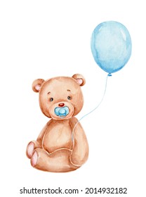 Cute cartoon teddy bear and blue balloon; watercolor hand drawn illustration; with white isolated background