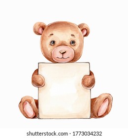 Cute cartoon teddy bear and board; watercolor hand draw illustration; can be used for card or invitation; with white isolated background