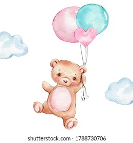Cute cartoon teddy bear flying and pink   blue balloons; watercolor hand draw illustration; can be used for baby shower   card; and white isolated background