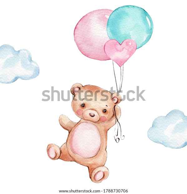 flying teddy bear with balloons