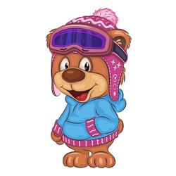 Cute Cartoon Teddy Bear. Cute Cartoon Illustration Of A Teddy Bear Wearing A Winter Hat And Ski Goggles. Unique Design, Children's Illustration.