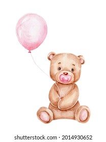Cute cartoon teddy bear and pink balloon; watercolor hand drawn illustration; with white isolated background