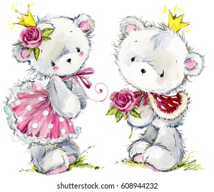 Cute cartoon teddy bear princess watercolor illustration. Birthday cart.