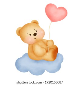 Cute cartoon teddy bear watercolor hand draw illustration with white isolated background .
for greeting card ,baby shower,