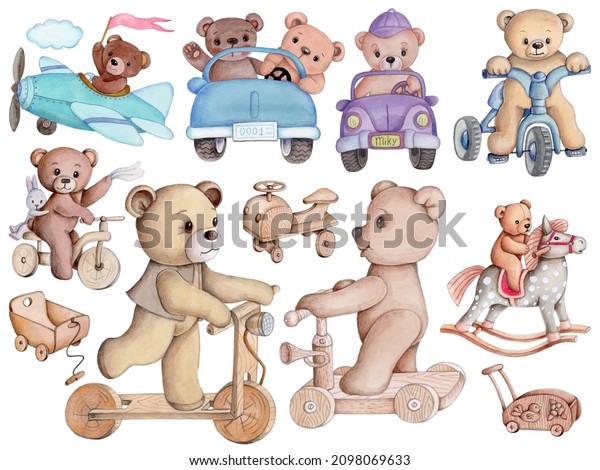 Cute cartoon teddy bears driving a scooter,\
car, plane. Hand drawn watercolor illustrations, isolated on white\
background.