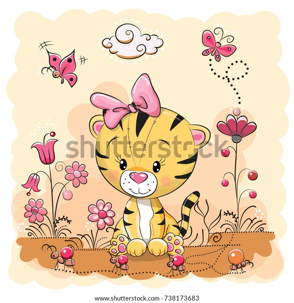 Cute Cartoon Tiger On Meadow Flowers Stock Illustration 738173683