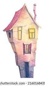 Cute Cartoon Tiny House Perspective Drawing. Watercolor Hand Painted Building With Windows And Chimney, Walls With Bricks