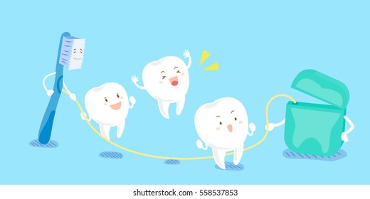 Cute Cartoon Tooth And Brush Playing With Dental Floss