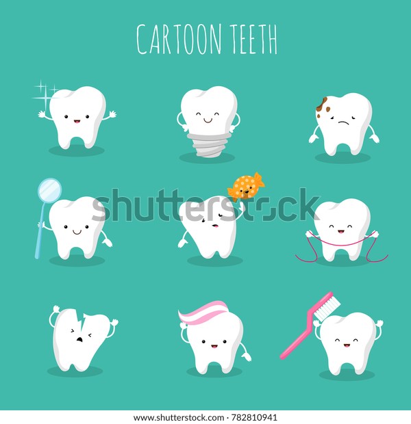 かわいいカートーンの歯セット 赤ちゃんの歯の健康と衛生のアイコン ヘルスケアの歯と保護 歯科と口腔のイラスト のイラスト素材