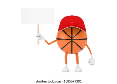 Cute Cartoon Toy Basketball Ball Sports Mascot Person Character with Empty White Blank Banner with Free Space for Your Design on a white background. 3d Rendering