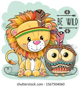 Cute Cartoon tribal Lion and owl with feather