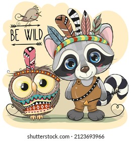 Cute Cartoon tribal Raccoon and owl with feathers