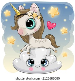 Cute Cartoon Unicorn is lying a on the Cloud - Powered by Shutterstock