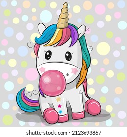 Cute Cartoon Unicorn With A Pink Bubble Gum