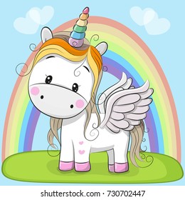 Cute Cartoon Unicorn Rainbow On Meadow Stock Vector (Royalty Free ...