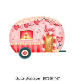 Cute cartoon valentine's day gingerbread house trailer isolated on white background - Powered by Shutterstock