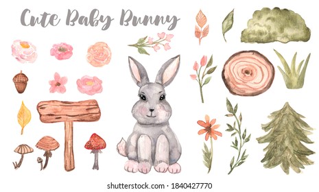 Cute Cartoon Watercolor Forest Animal Baby Fox. Hand Painted Lovely Illustration. Perfect For Baby Shower,print And Card Making. Woodland Wild Orange Fox And Plants, Wood Slice