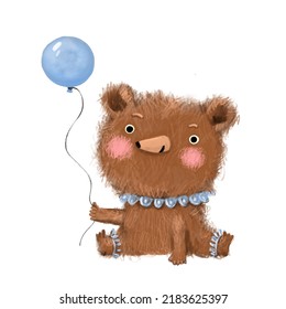 Cute Cartoon Watercolor Furry Hand Drawn Teddy Bear Toy Smiling Character With A Collar Isolated On White Background. Party Blue Flying Balloon. 