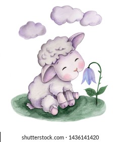 Cute Cartoon Watercolor Little Sheep, Baby Lamb Hand Drawn, Isolated On White Background.