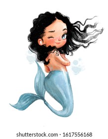 Cute Cartoon Watercolor Mermaid With Black Hairs