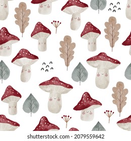 Cute Cartoon Watercolor Mushrooms In Forest - Seamless Pattern. 